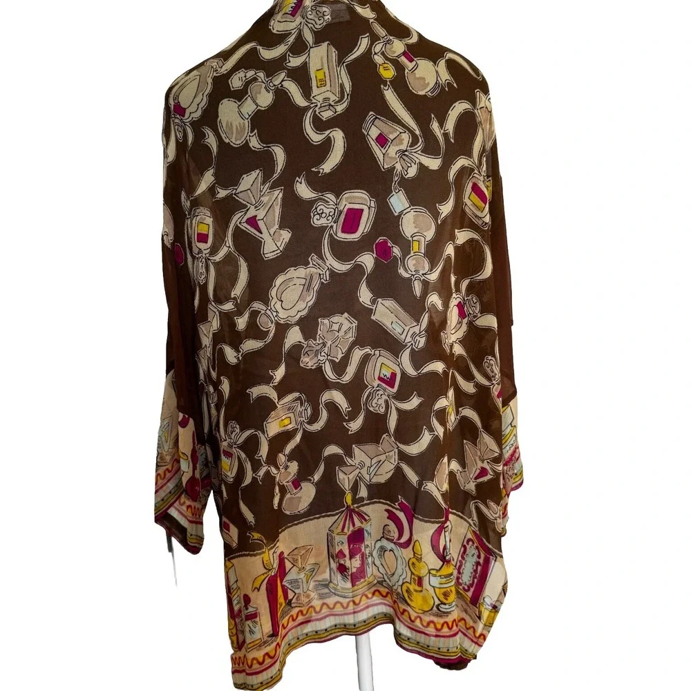 Vtg Sheer Kimono‎ Cardigan Perfume Print Boho Chic Open Front Duster Topper Glam